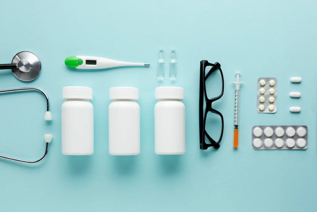Varios productos farmacéuticos en vista aerea