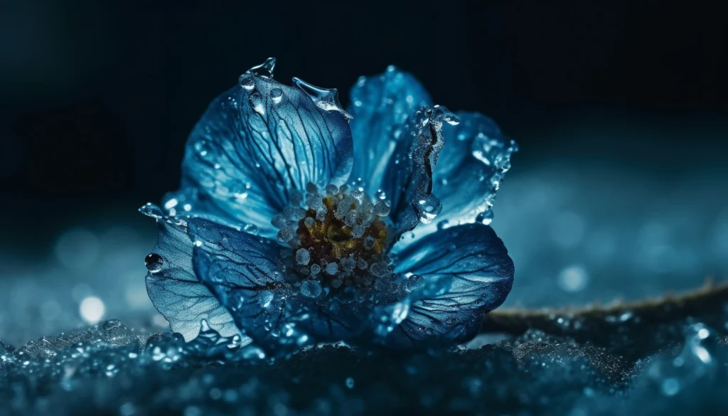 Flor azul salpicada por gotas de rocío
